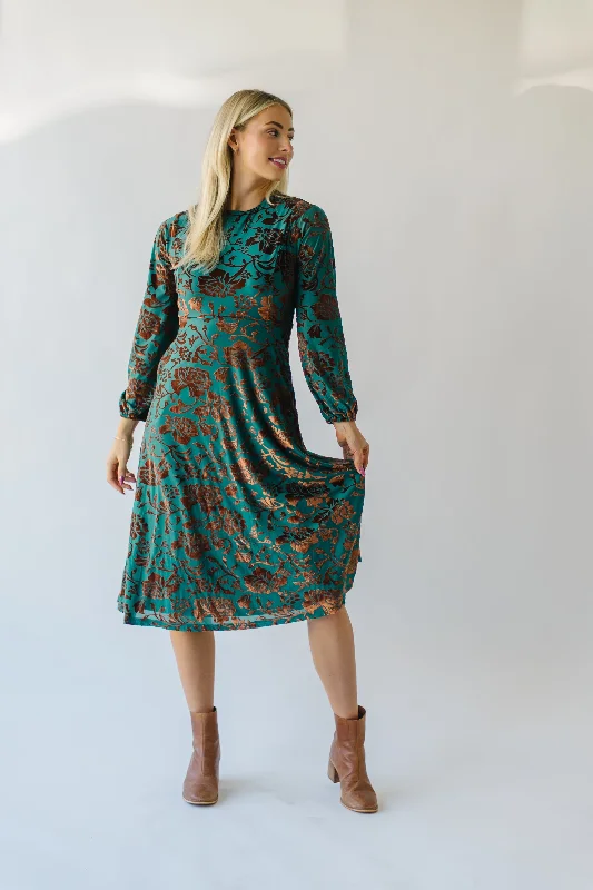 The Delta Velvet Floral Midi Dress in Green Multi