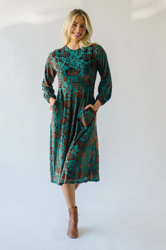 The Delta Velvet Floral Midi Dress in Green Multi