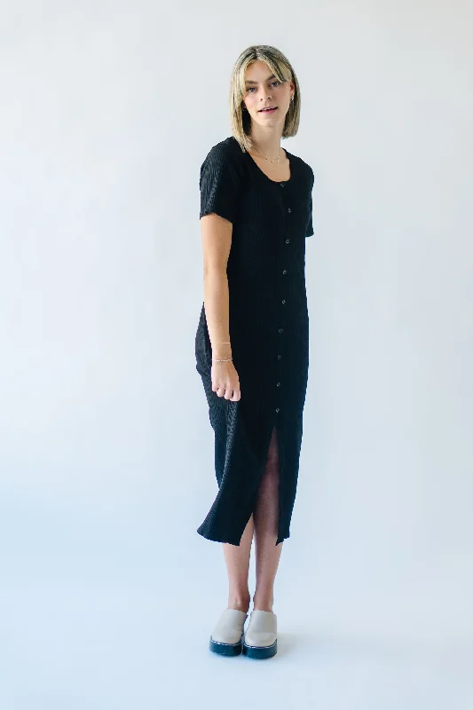 The Pomona Ribbed Button Dress in Black