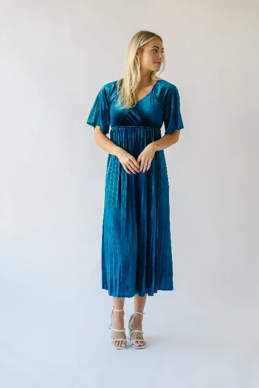 The Soren Sweetheart Pleated Velvet Midi Dress in Dark Teal