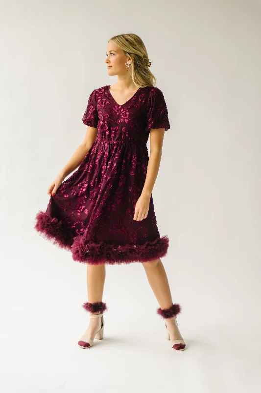 The Surls Fringe Trim Detail Dress in Burgundy