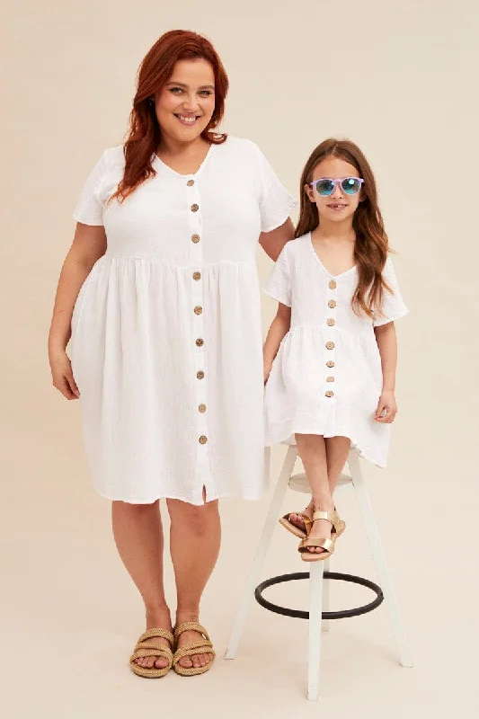 White Short Sleeve Textured Button Smock Dress