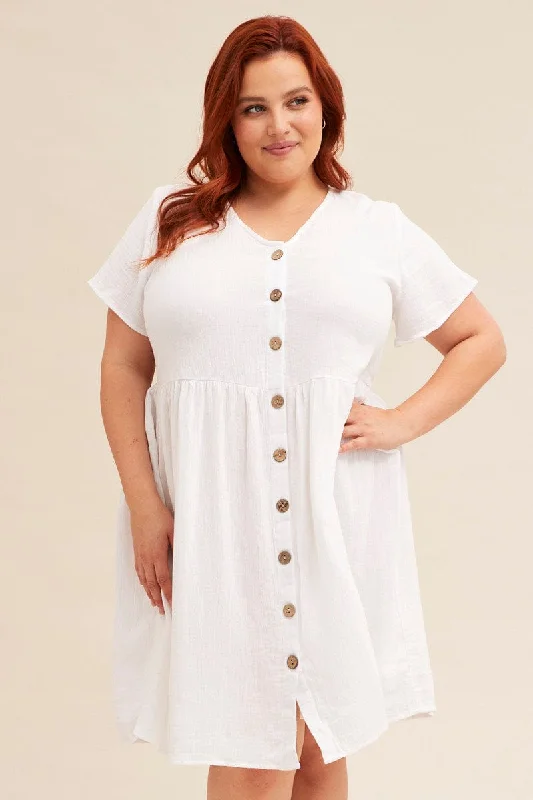 White Short Sleeve Textured Button Smock Dress