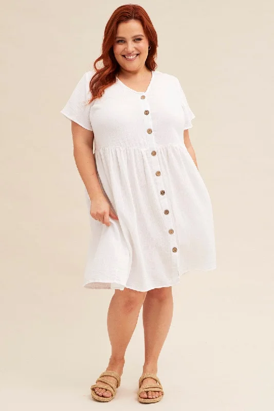 White Short Sleeve Textured Button Smock Dress