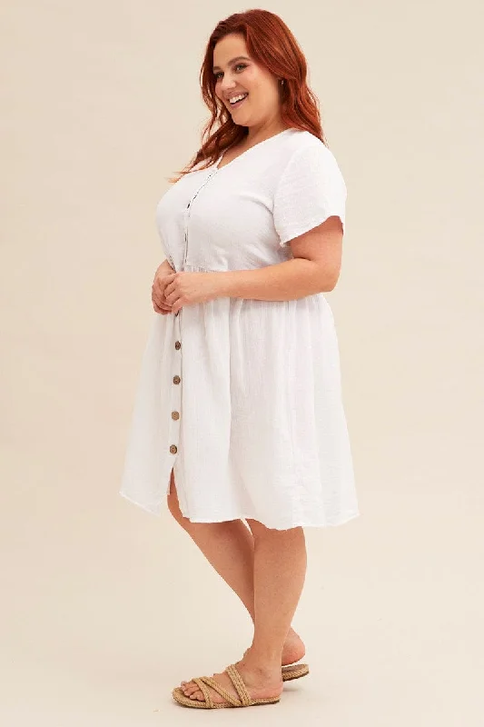 White Short Sleeve Textured Button Smock Dress