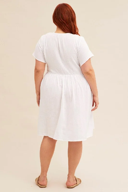 White Short Sleeve Textured Button Smock Dress