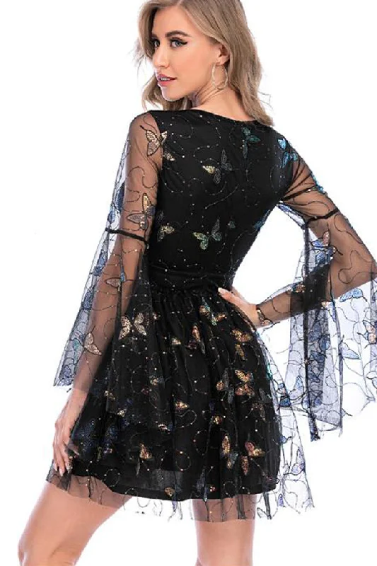 Bell Sleeve Sequin Tulle Dress