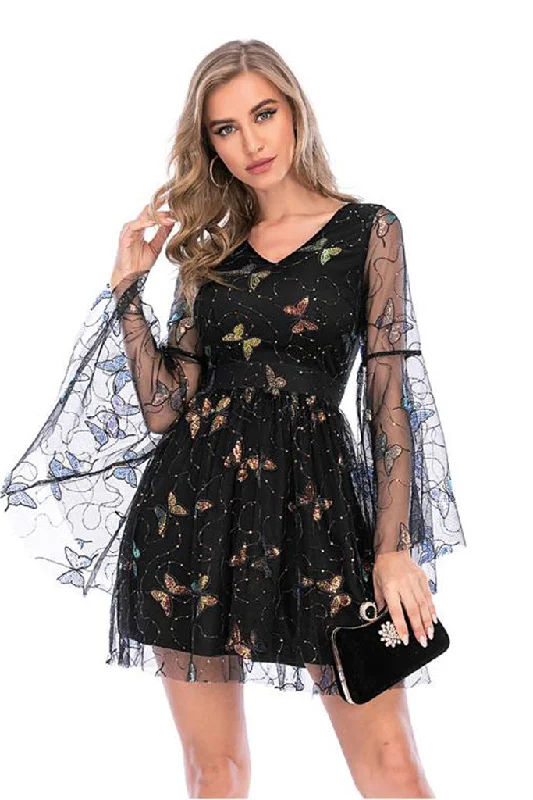 Bell Sleeve Sequin Tulle Dress