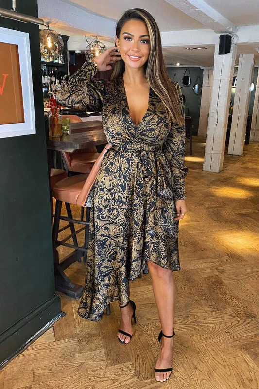 Black Butterfly Printed Wrap Midi Dress