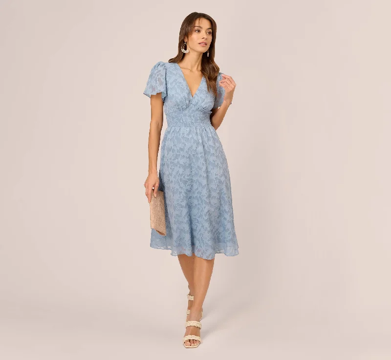 Burnout Smocked Midi Dress With Short Sleeves In Dusty Blue