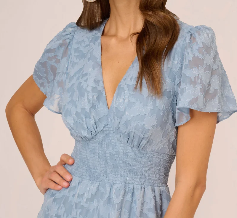 Burnout Smocked Midi Dress With Short Sleeves In Dusty Blue