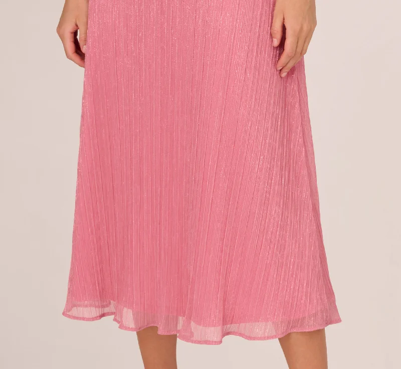 Crinkle Mesh Midi Dress With Flutter Sleeves In Faded Rose