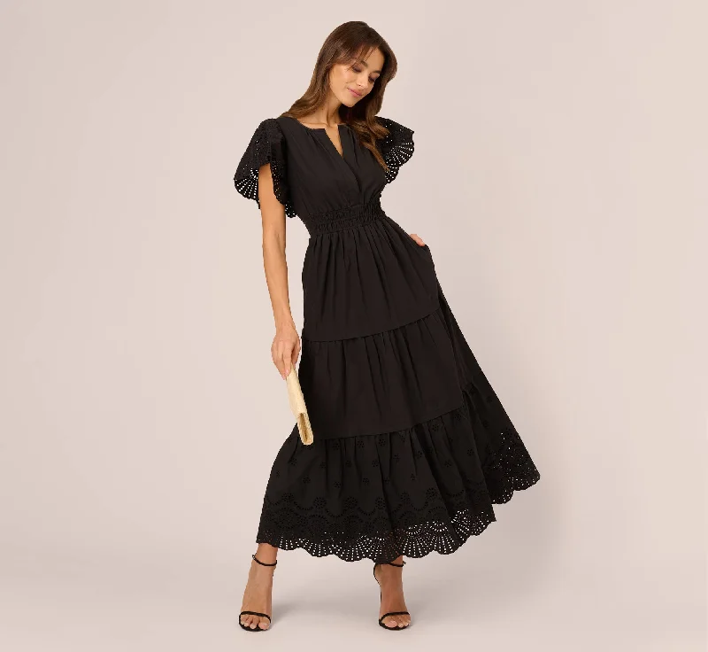 Eyelet Maxi Dress With Scalloped Short Sleeves In Black