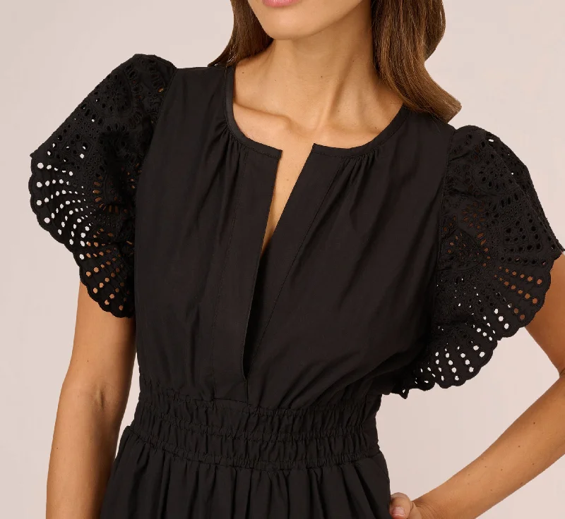 Eyelet Maxi Dress With Scalloped Short Sleeves In Black