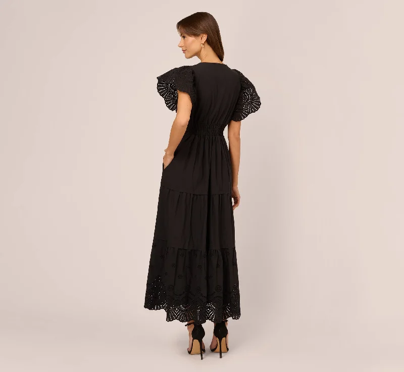 Eyelet Maxi Dress With Scalloped Short Sleeves In Black