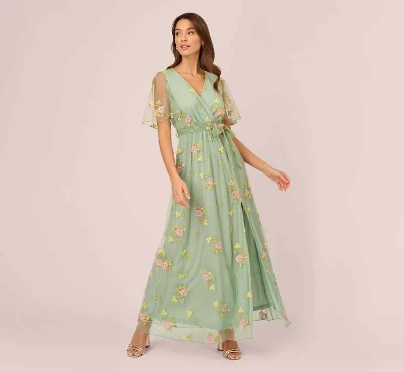 Floral Embroidered Maxi Dress With Sheer Flutter Sleeves In Sage Multi