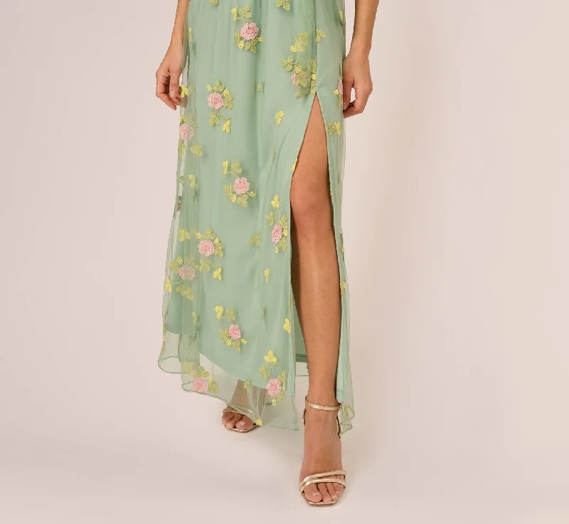 Floral Embroidered Maxi Dress With Sheer Flutter Sleeves In Sage Multi