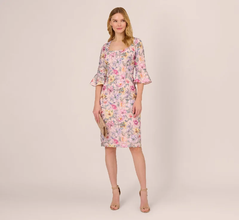 Floral Embroidered Sheath Dress With Three Quarter Bell Sleeves In Blush Multi