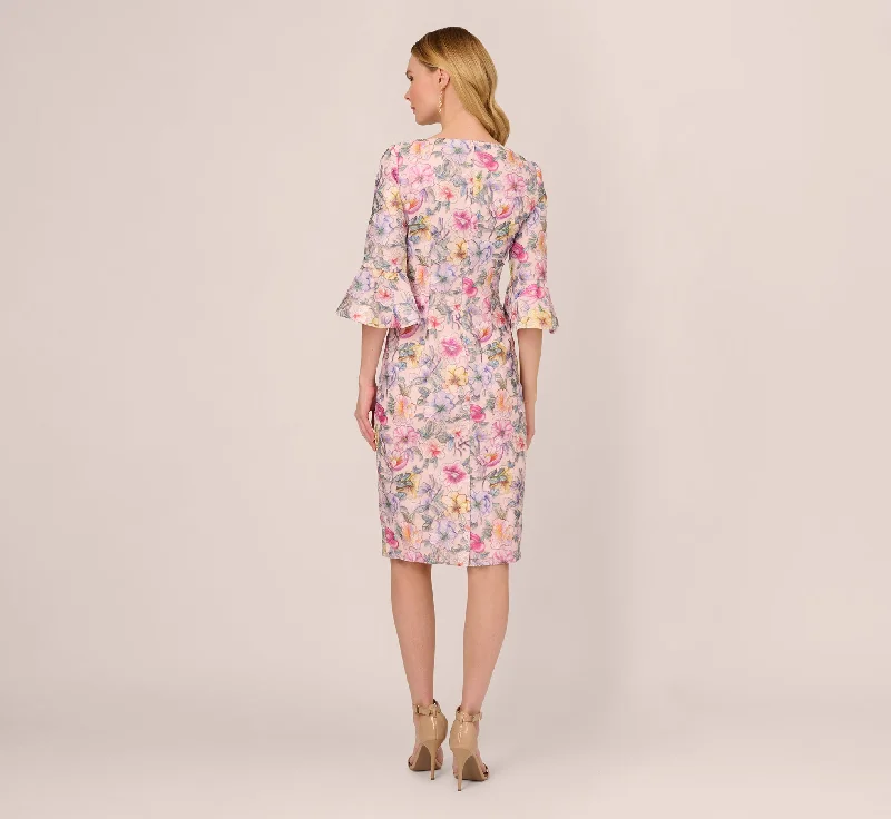 Floral Embroidered Sheath Dress With Three Quarter Bell Sleeves In Blush Multi