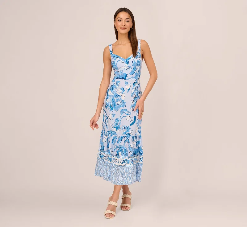 Floral Print Ankle Length Dress With Flounce Skirt In Light Blue Multi