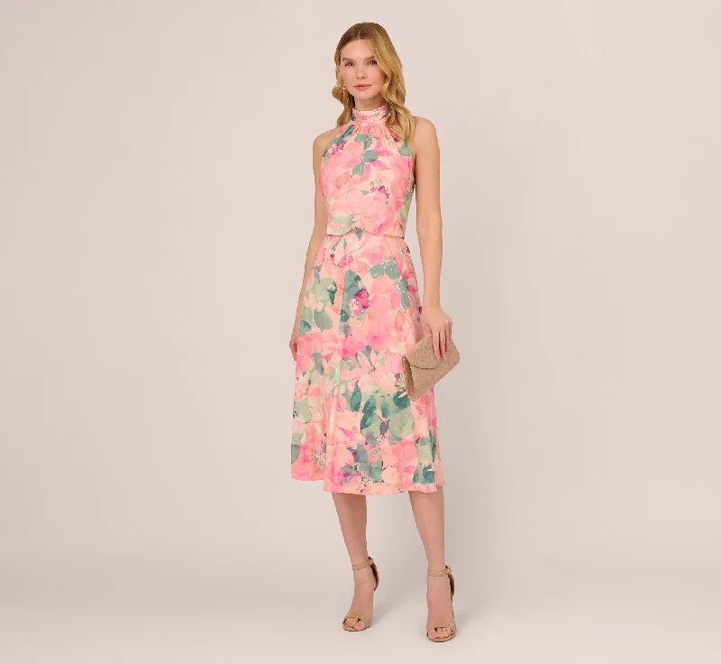 Floral Print Chiffon Halter Dress With Mock Neck In Blush Multi