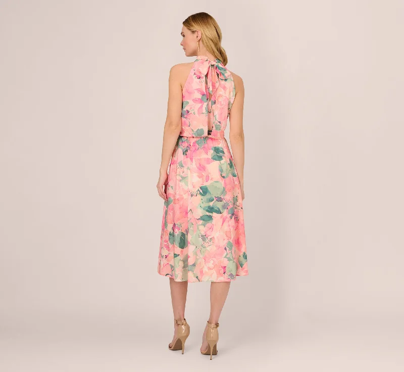 Floral Print Chiffon Halter Dress With Mock Neck In Blush Multi