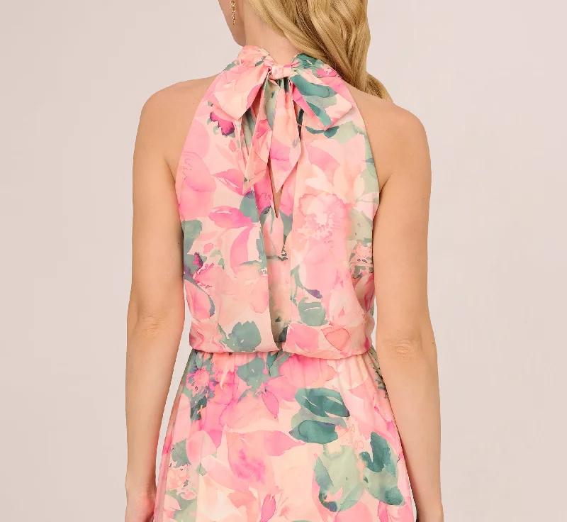 Floral Print Chiffon Halter Dress With Mock Neck In Blush Multi