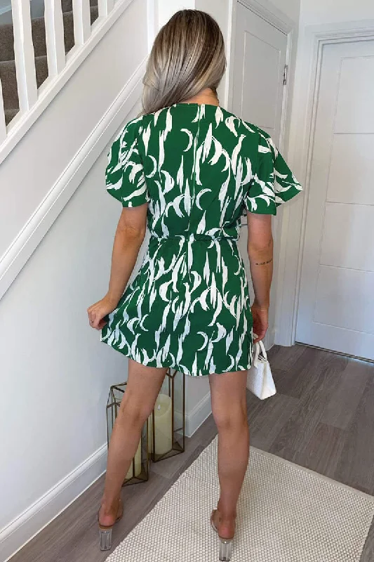 Green And White Printed Gathered Mini Dress