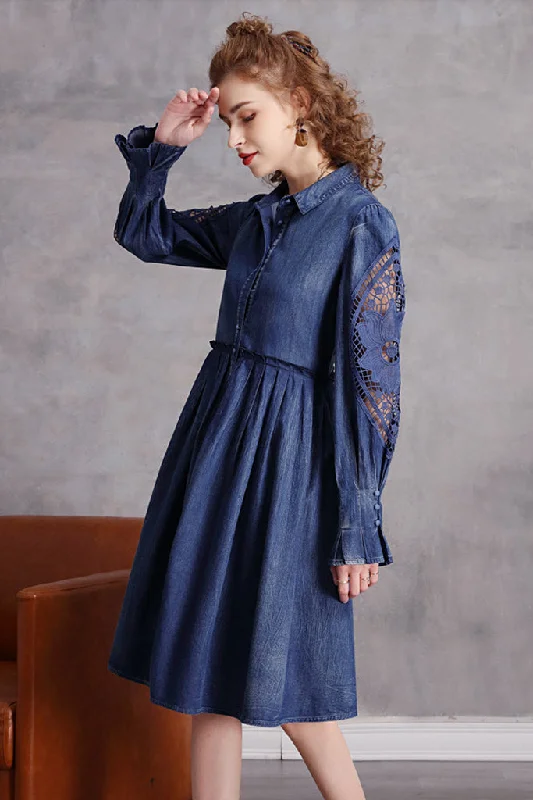 Hollow Out Sleeve Button Down Denim A-line Dress