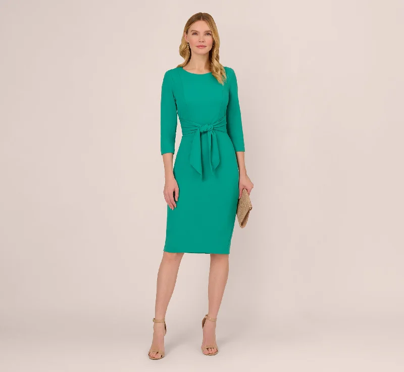 Knit Crepe Bow Sheath Dress With Three Quarter Sleeves In Botanic Green