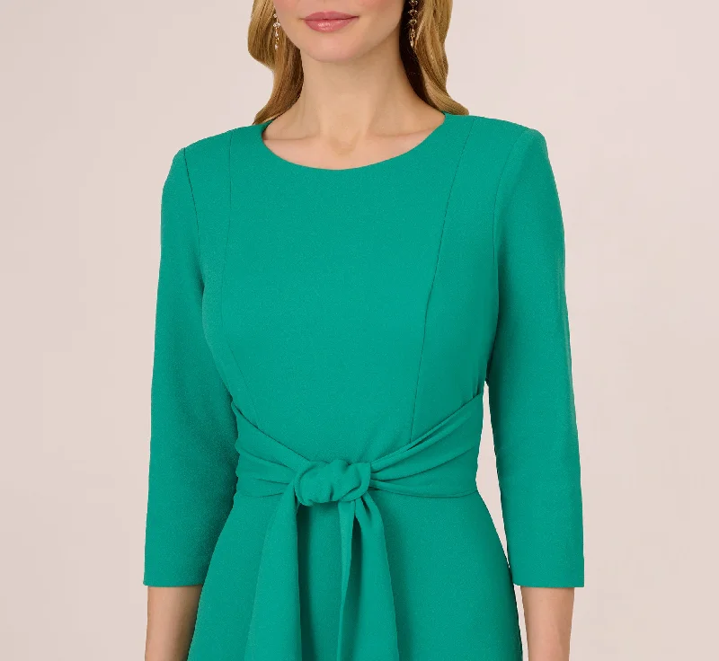 Knit Crepe Bow Sheath Dress With Three Quarter Sleeves In Botanic Green