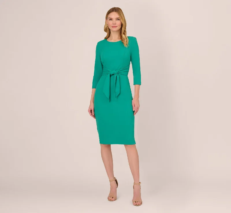 Knit Crepe Bow Sheath Dress With Three Quarter Sleeves In Botanic Green