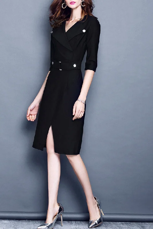 Lapel Neck Waist Belted Midi Dress