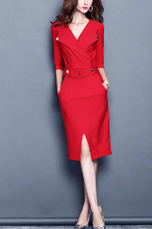 Lapel Neck Waist Belted Midi Dress