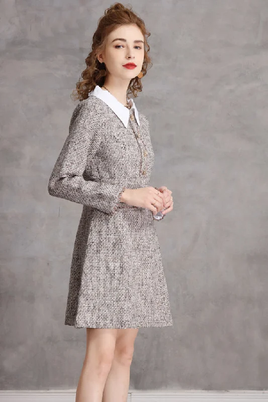 Long Sleeve Button Front Tweed A-line Dress