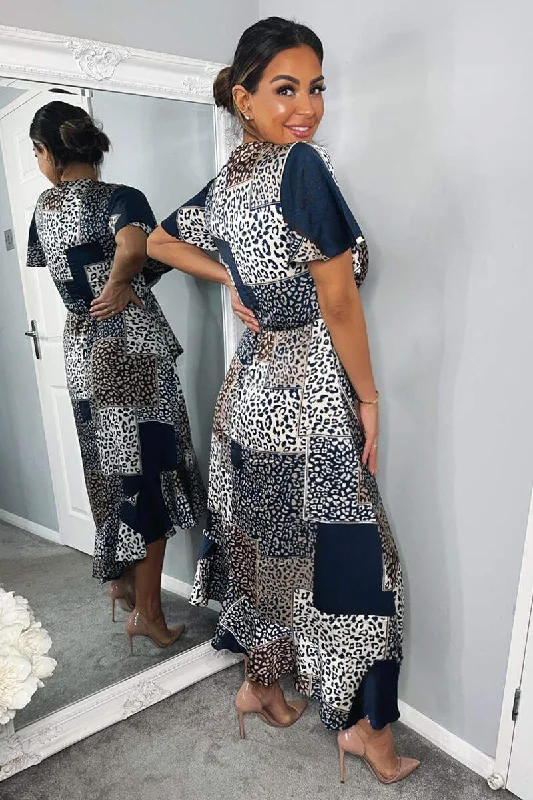 Navy Animal Print Patchwork Wrap Midi Dress