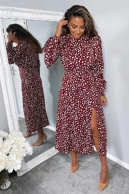 Plum Printed Pleated Sleeve Midi Dress