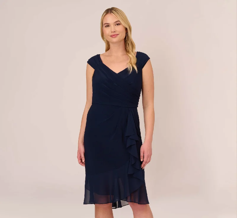 Plus Size Chiffon And Jersey Flounce Draped Dress With Pleated Details In Midnight