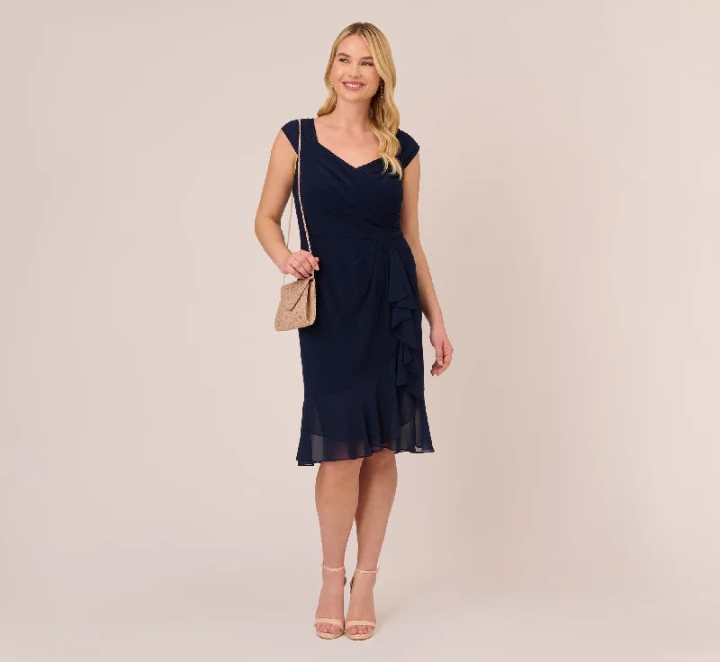 Plus Size Chiffon And Jersey Flounce Draped Dress With Pleated Details In Midnight