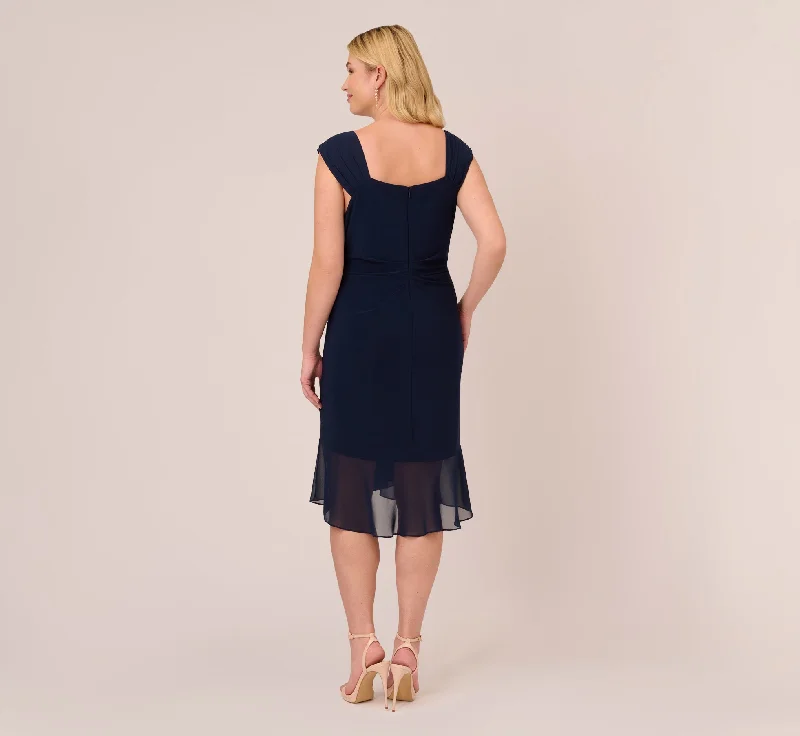 Plus Size Chiffon And Jersey Flounce Draped Dress With Pleated Details In Midnight