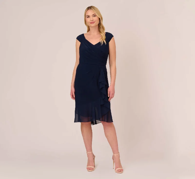 Plus Size Chiffon And Jersey Flounce Draped Dress With Pleated Details In Midnight