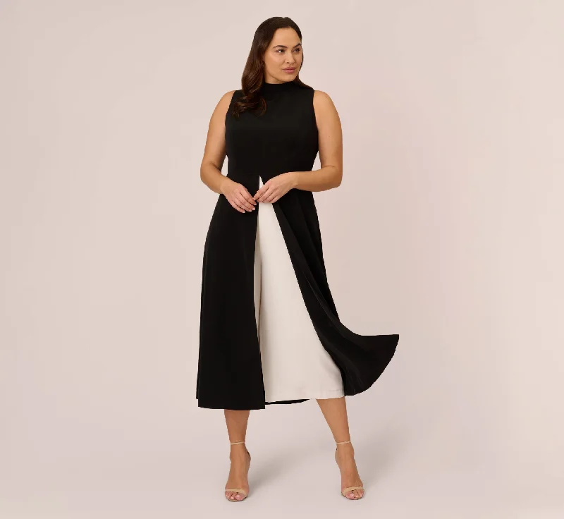 Plus Size Colorblock Matte Crepe Cropped Jumpsuit With Skirt Overlay In Black Ivory