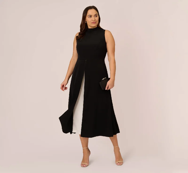 Plus Size Colorblock Matte Crepe Cropped Jumpsuit With Skirt Overlay In Black Ivory