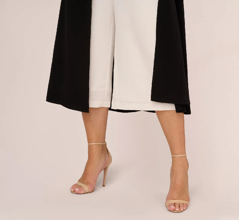 Plus Size Colorblock Matte Crepe Cropped Jumpsuit With Skirt Overlay In Black Ivory