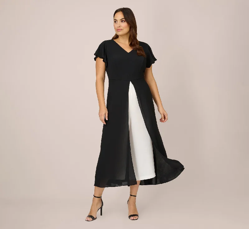 Plus Size Crepe Cropped Jumpsuit With Gauze Overlay In Black Ivory