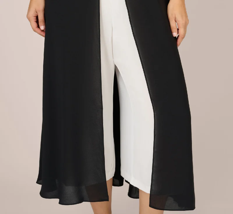 Plus Size Crepe Cropped Jumpsuit With Gauze Overlay In Black Ivory