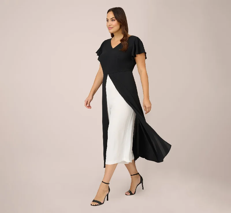 Plus Size Crepe Cropped Jumpsuit With Gauze Overlay In Black Ivory