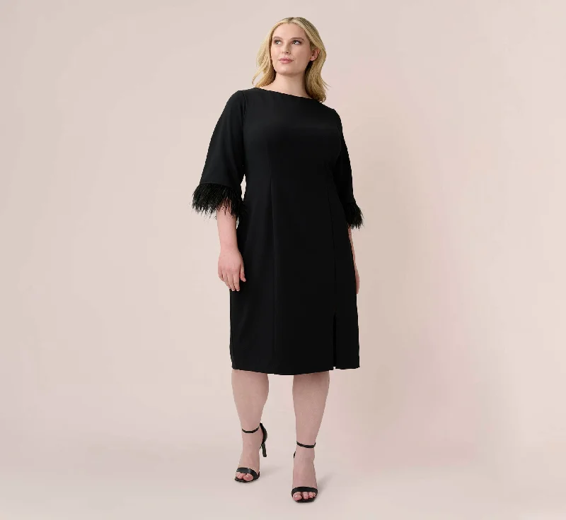 Plus Size Crepe Sheath Dress With V-Back And Feather-Trim Sleeves In Black