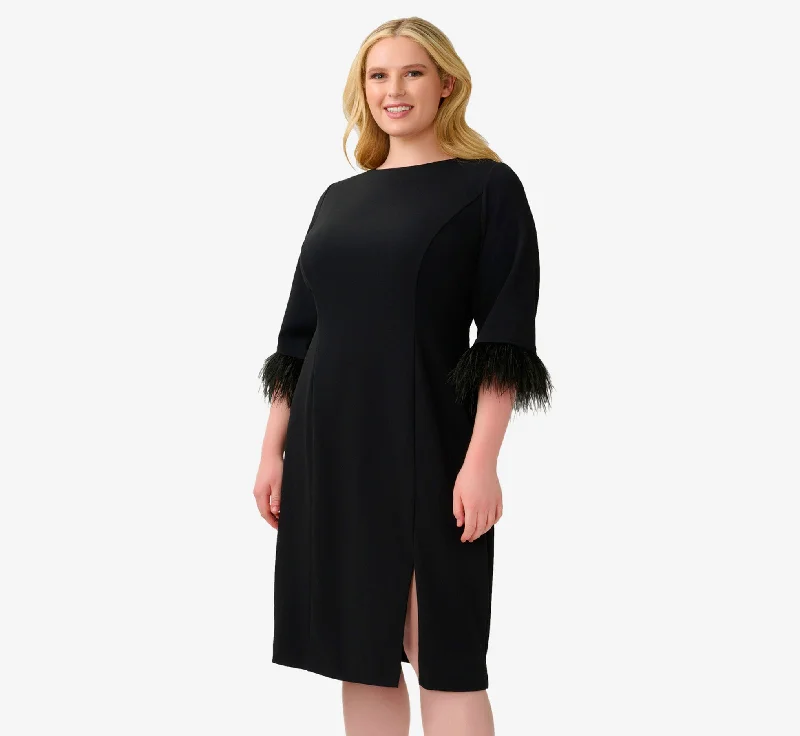 Plus Size Crepe Sheath Dress With V-Back And Feather-Trim Sleeves In Black