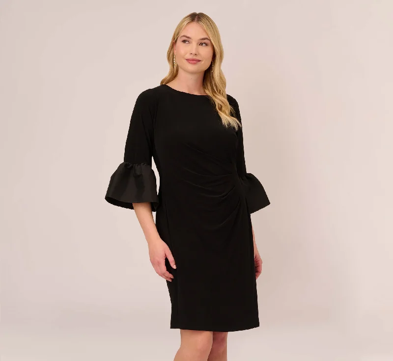 Plus Size Draped Jersey Short Sheath Dress With Bell Cuffs In Black